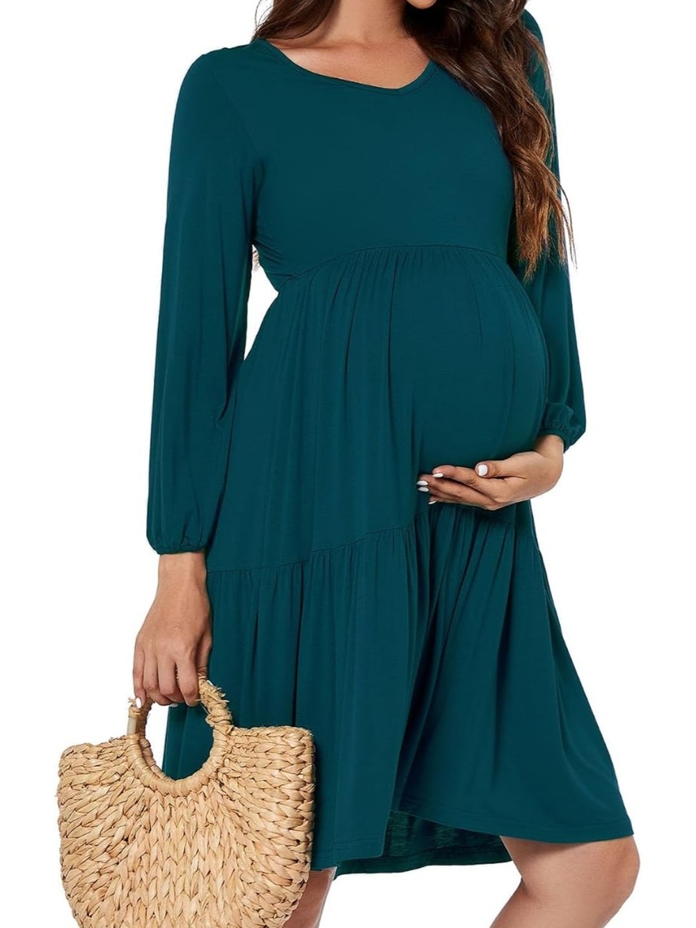 Women's Maternity Dress (Ruffle Long Sleeve V-Neck)